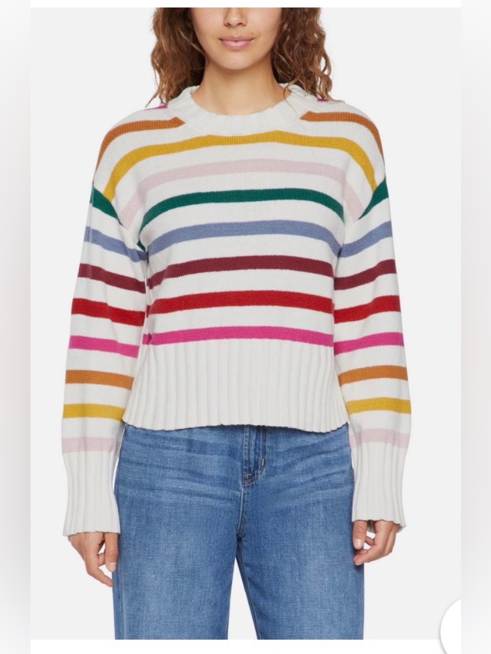 NEW GAP White Crewneck Sweater with Multicolor Stripes